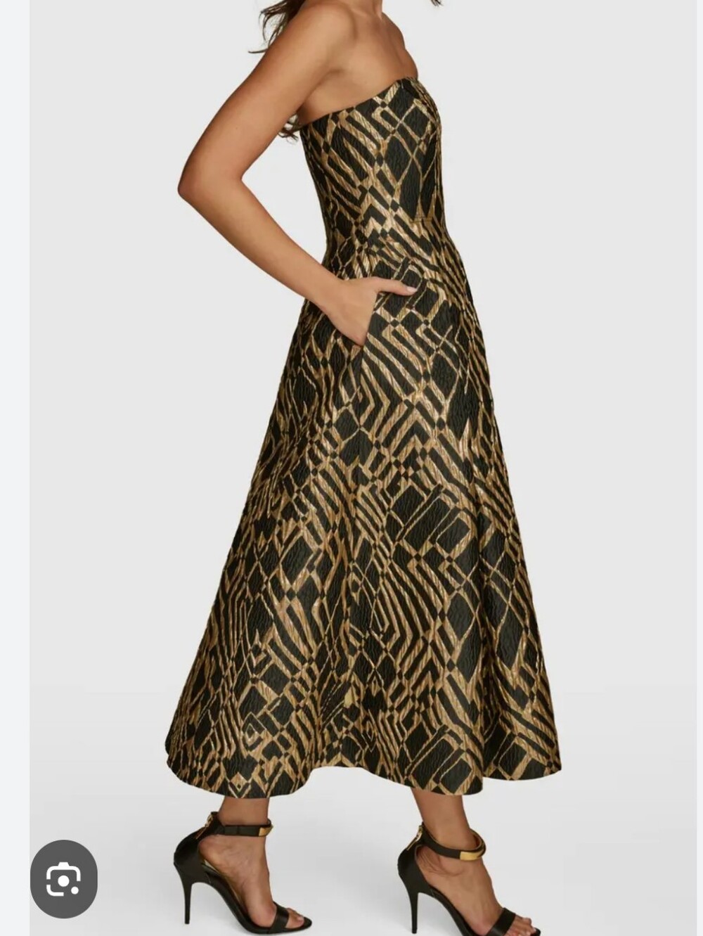 Donna Karan New York Strapless Jacquard Fit & Flare Dress in Black and Gold 14 - Picture 2 of 15